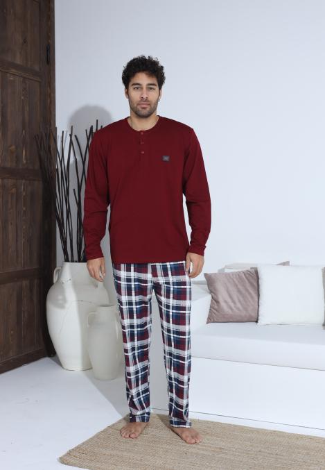 Pijama Barbati ,Maneca si Pantaloni Lungi,Culoare Bordo cu Alb,Engros